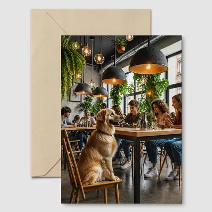 Golden Retriever Sitting in Modern Cafe