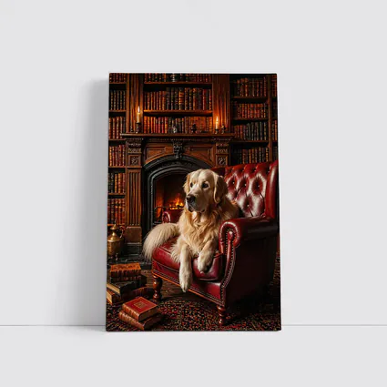 Golden Retriever Relaxing in Library Armchair