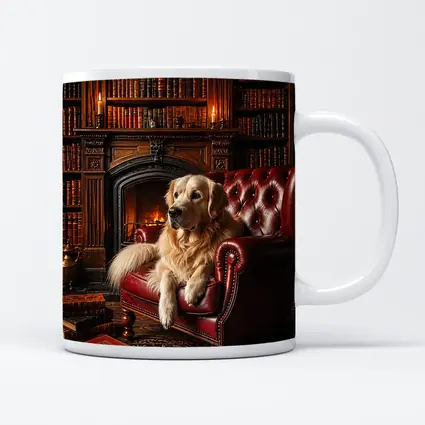 Golden Retriever Relaxing in Library Armchair