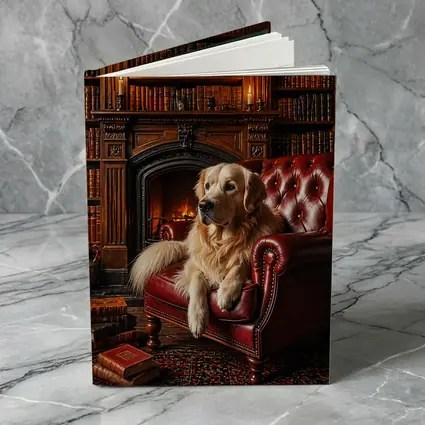Golden Retriever Relaxing in Library Armchair