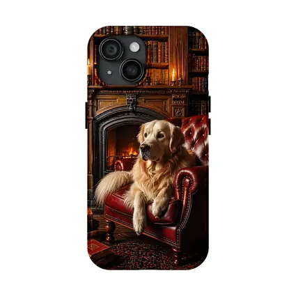 Golden Retriever Relaxing in Library Armchair