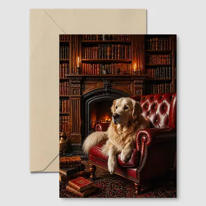 Golden Retriever Relaxing in Library Armchair