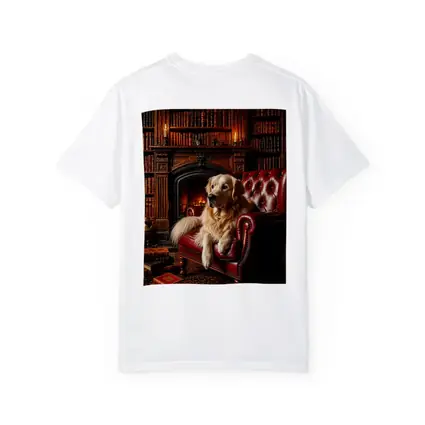 Golden Retriever Relaxing in Library Armchair