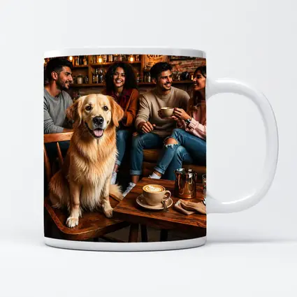Golden Retriever Sitting In Cozy Coffee Shop