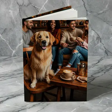 Golden Retriever Sitting In Cozy Coffee Shop