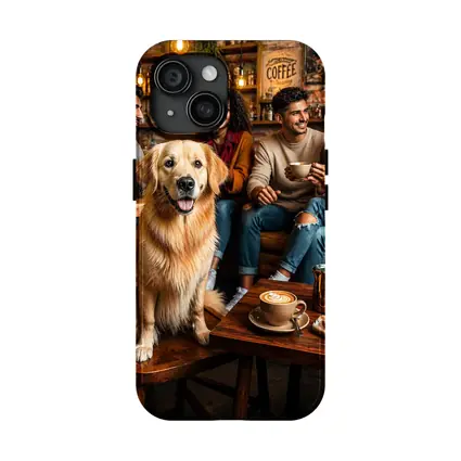 Golden Retriever Sitting In Cozy Coffee Shop