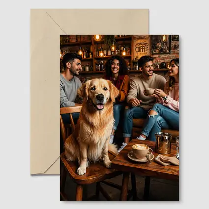 Golden Retriever Sitting In Cozy Coffee Shop
