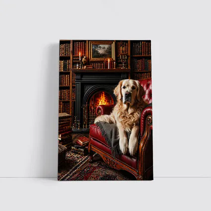 Golden Retriever Relaxing In Library By Fireplace