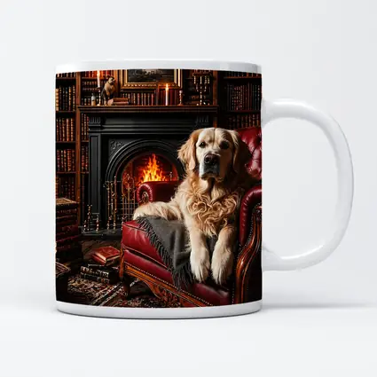 Golden Retriever Relaxing In Library By Fireplace