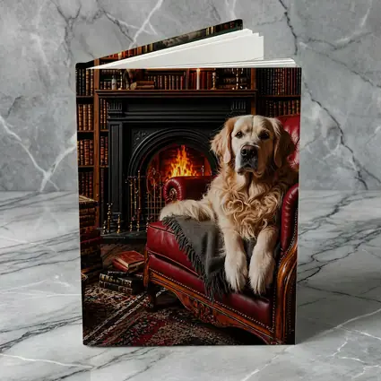 Golden Retriever Relaxing In Library By Fireplace