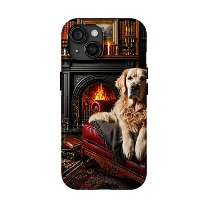 Golden Retriever Relaxing In Library By Fireplace