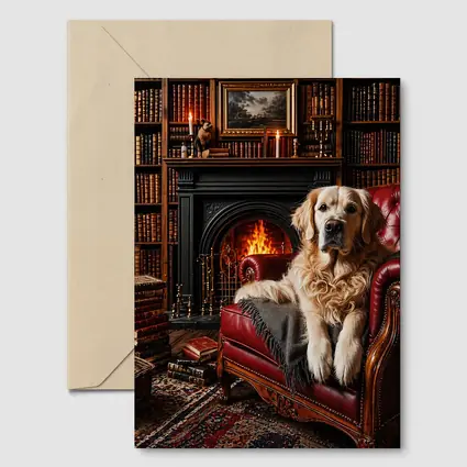 Golden Retriever Relaxing In Library By Fireplace