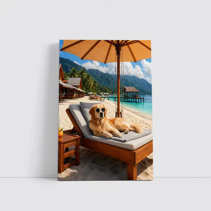 Golden Retriever Relaxing On Tropical Beach