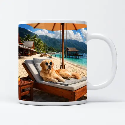 Golden Retriever Relaxing On Tropical Beach