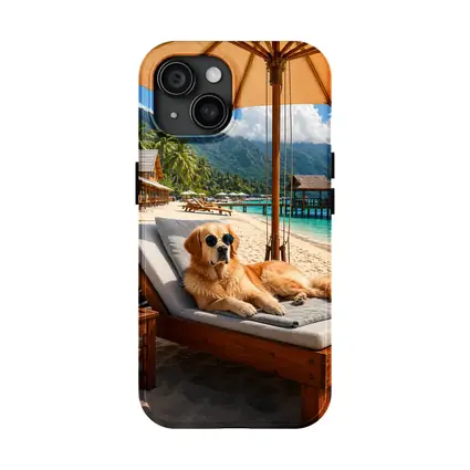 Golden Retriever Relaxing On Tropical Beach