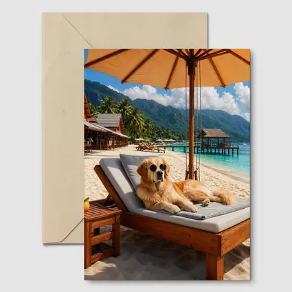 Golden Retriever Relaxing On Tropical Beach