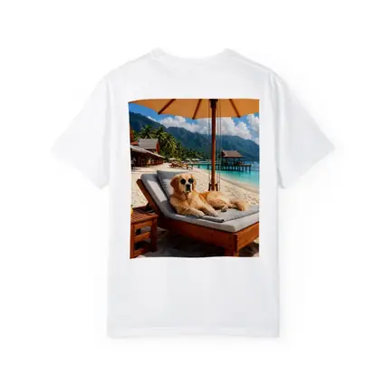 Golden Retriever Relaxing On Tropical Beach