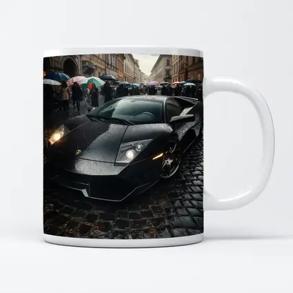 Lamborghini Murcielago Black Rainy Cobblestone Street