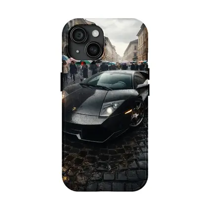 Lamborghini Murcielago Black Rainy Cobblestone Street