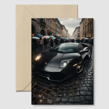 Lamborghini Murcielago Black Rainy Cobblestone Street