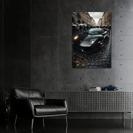 Lamborghini Murcielago Black Rainy Cobblestone Street