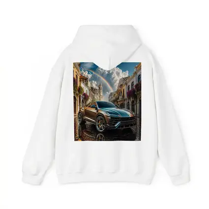 Lamborghini Urus On Cobblestone Street Rainbow Sky