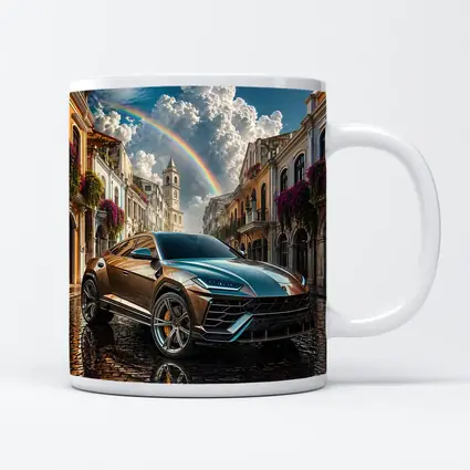 Lamborghini Urus On Cobblestone Street Rainbow Sky