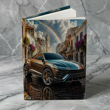 Lamborghini Urus On Cobblestone Street Rainbow Sky