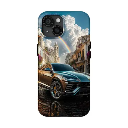 Lamborghini Urus On Cobblestone Street Rainbow Sky