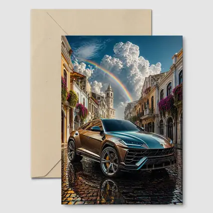 Lamborghini Urus On Cobblestone Street Rainbow Sky
