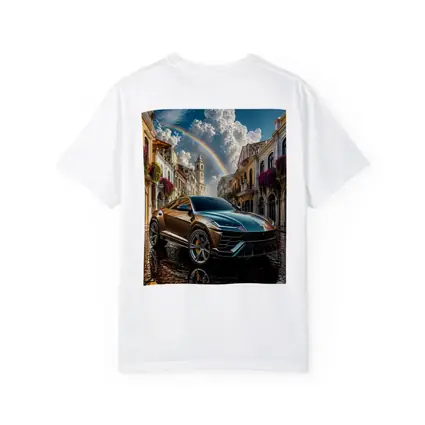 Lamborghini Urus On Cobblestone Street Rainbow Sky