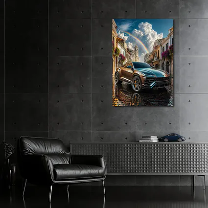 Lamborghini Urus On Cobblestone Street Rainbow Sky