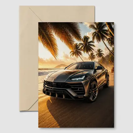Lamborghini Urus on Tropical Beach Sunset
