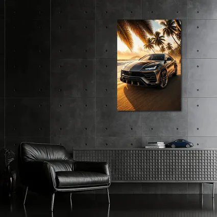Lamborghini Urus on Tropical Beach Sunset