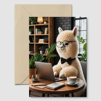 Alpaca Working at Laptop Cozy Cafe