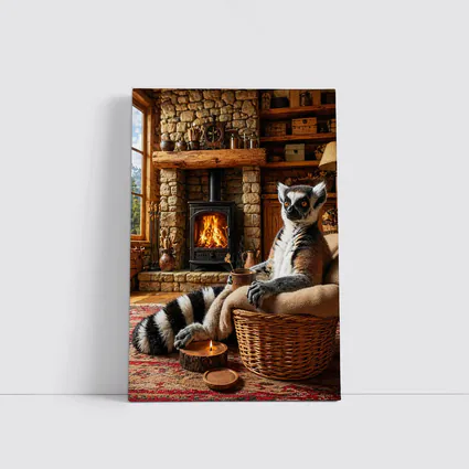 Ring Tailed Lemur Relaxing by Cozy Fireplace