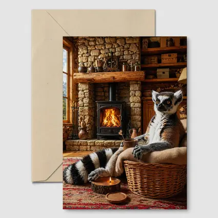 Ring Tailed Lemur Relaxing by Cozy Fireplace