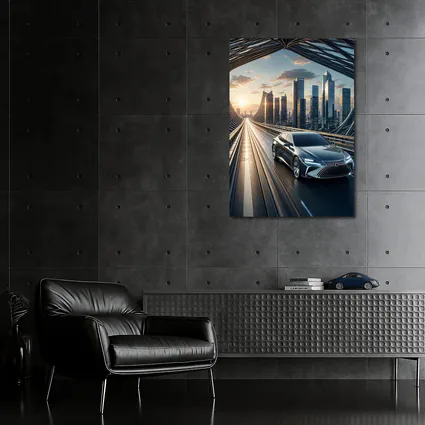 Lexus ES Sedan Driving Futuristic City Bridge