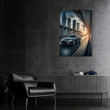 Lexus ES Speeding Across Futuristic City Bridge