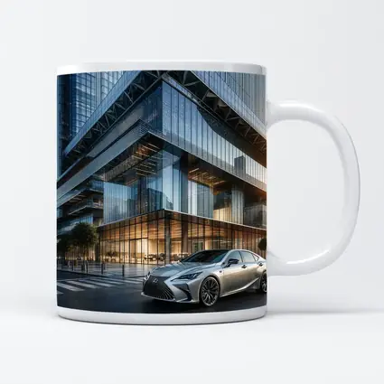 Lexus ES Sedan Outside Glass Office Tower