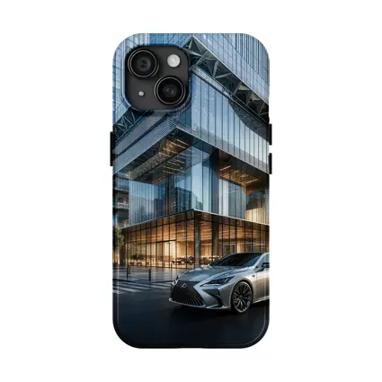 Lexus ES Sedan Outside Glass Office Tower