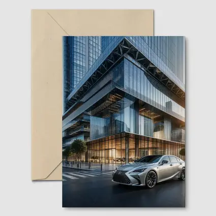 Lexus ES Sedan Outside Glass Office Tower