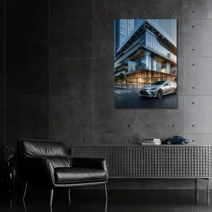 Lexus ES Sedan Outside Glass Office Tower