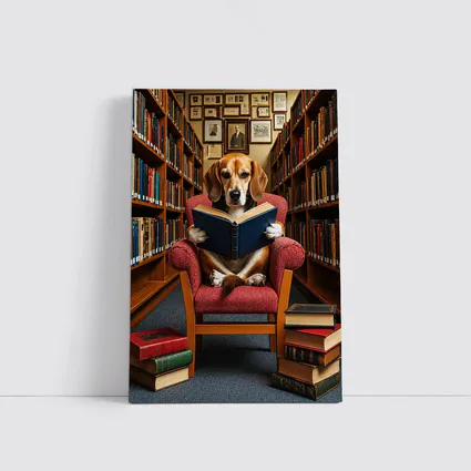 Beagle Reading Book in Library Chair