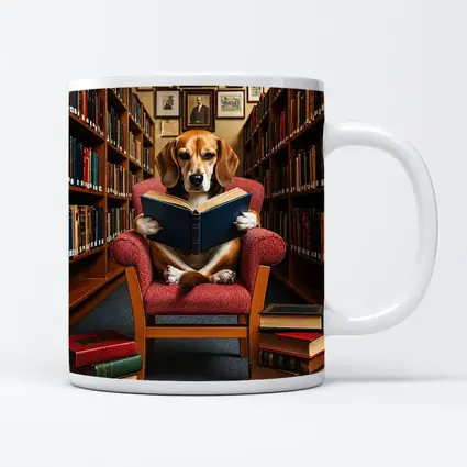 Beagle Reading Book in Library Chair