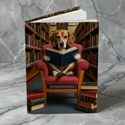 Beagle Reading Book in Library Chair