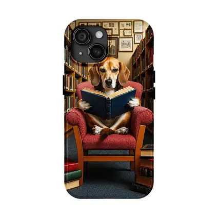 Beagle Reading Book in Library Chair