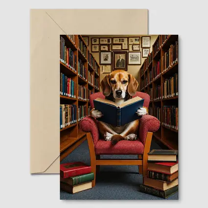 Beagle Reading Book in Library Chair