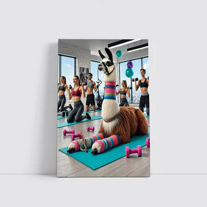 Funny Llama Resting at Colorful Gym Workout
