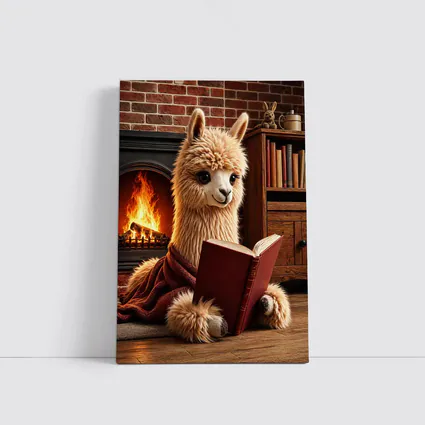 Alpaca Reading Book By Cozy Fireplace